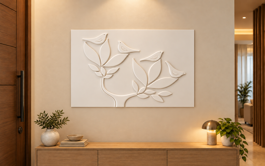 CWP-665 Four Bird Curved Branches Corian Wall Panel, 4 ft wide x 2.5 ft high, front view in a Mumbai home entrance foyer with a light-wood console; AI-assisted concept visualisation