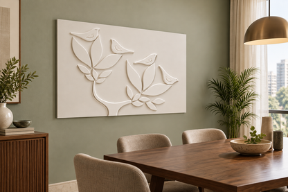 CWP-665 Four Bird Curved Branches Corian Wall Panel, 4 ft wide x 2.5 ft high, left view in a Mumbai home dining room with a sage wall and wood dining table; AI-assisted concept visualisation