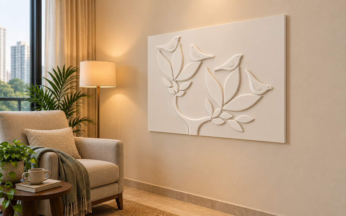 CWP-665 Four Bird Curved Branches Corian Wall Panel, 4 ft wide x 2.5 ft high, right view in a Mumbai home ivory reading corner with an upholstered chair and floor lamp; AI-assisted concept visualisation