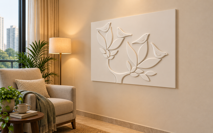 CWP-665 Four Bird Curved Branches Corian Wall Panel, 4 ft wide x 2.5 ft high, right view in a Mumbai home ivory reading corner with an upholstered chair and floor lamp; AI-assisted concept visualisation