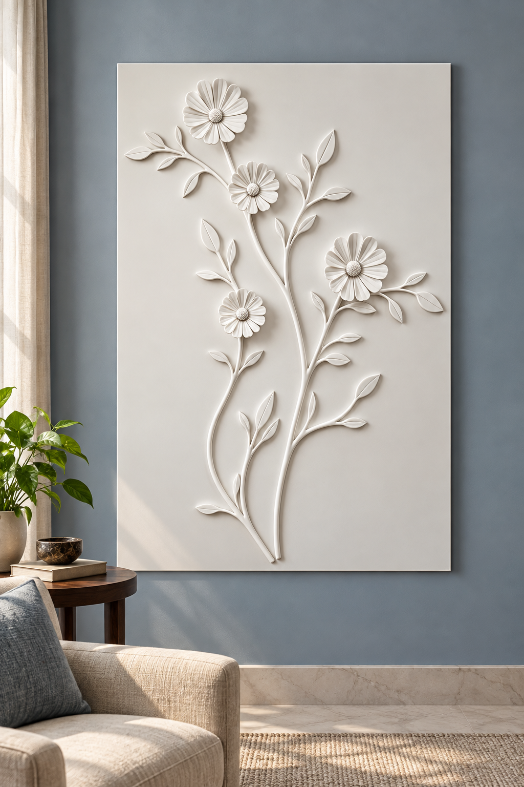 Four Bloom Meadow Sprig Corian wall panel, front view in a Mumbai bedroom reading nook; AI-assisted concept visualisation