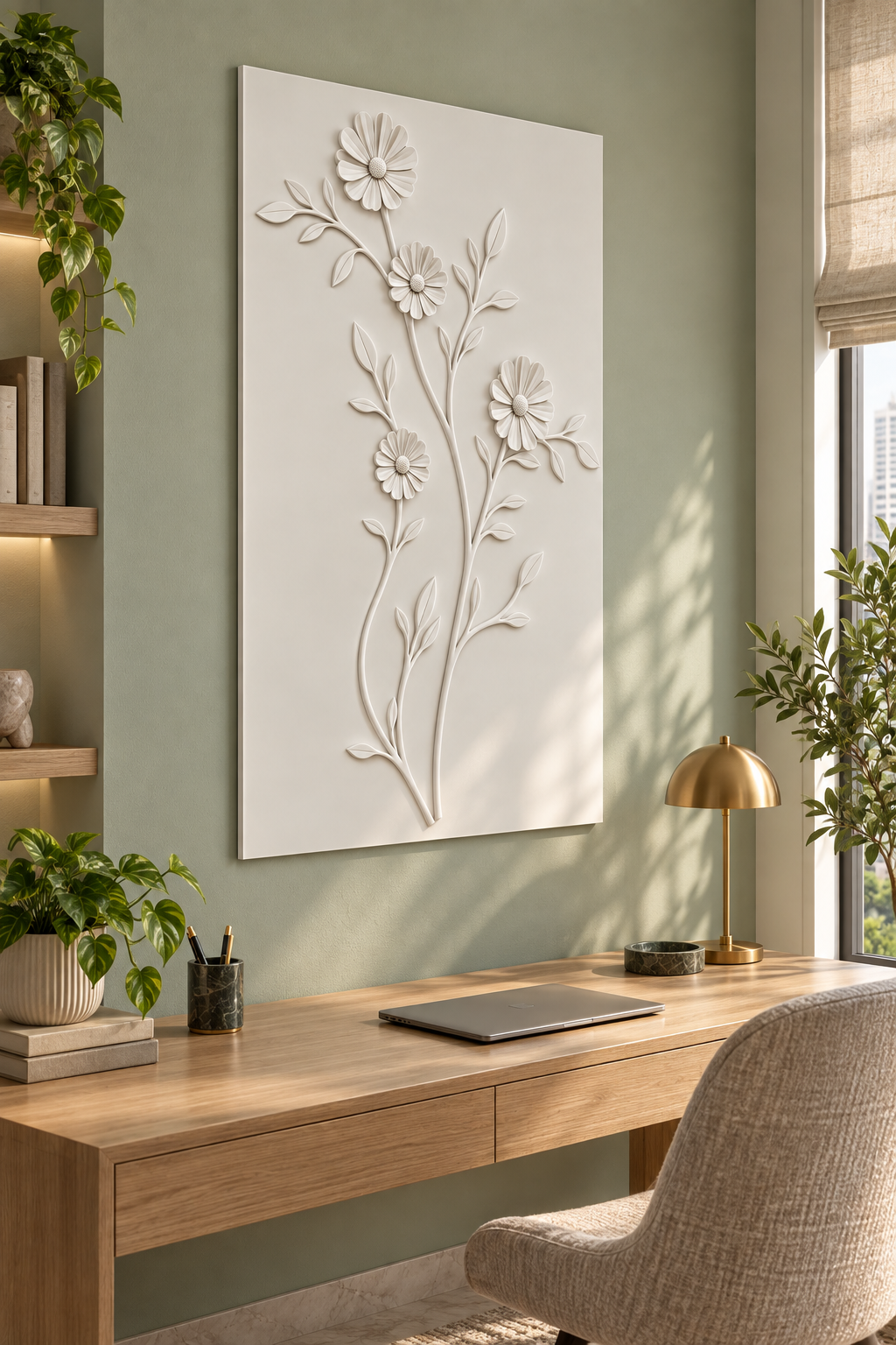 Four Bloom Meadow Sprig Corian wall panel, left view in a Mumbai home office; AI-assisted concept visualisation