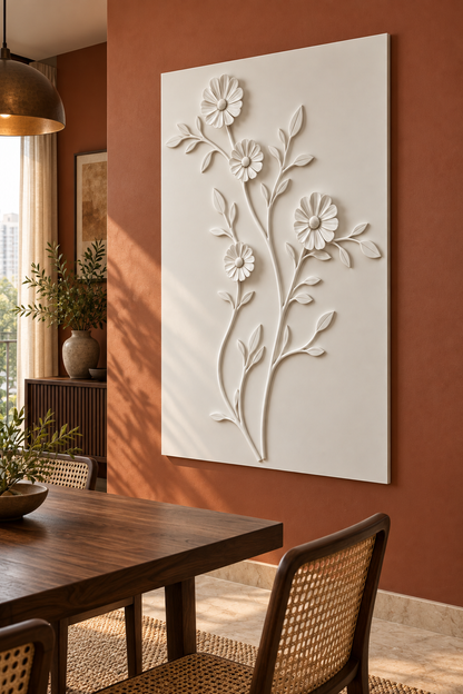 Four Bloom Meadow Sprig Corian wall panel, right view in a Mumbai dining room accent wall; AI-assisted concept visualisation