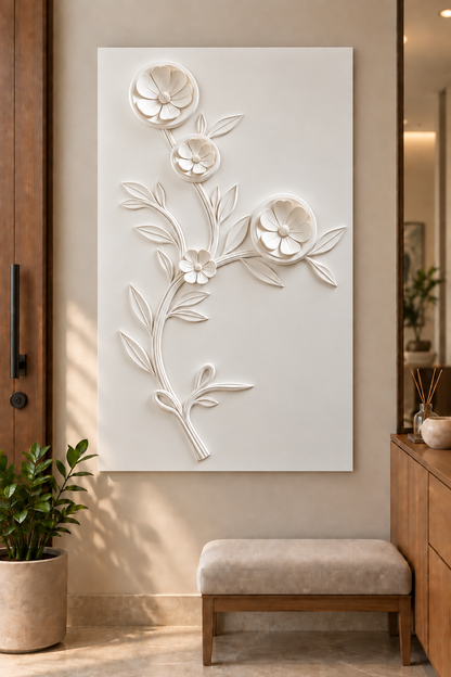 Four Blossom Curving Sprig Corian wall panel, front view in a Mumbai entrance foyer; AI-assisted concept visualisation