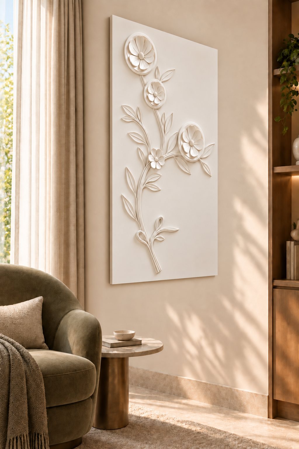 Four Blossom Curving Sprig Corian wall panel, left view in a Mumbai bedroom reading corner; AI-assisted concept visualisation