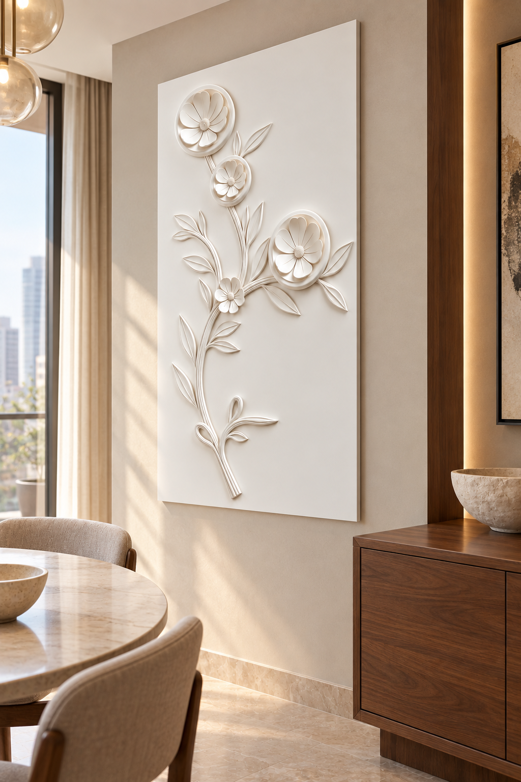 Four Blossom Curving Sprig Corian wall panel, right view in a Mumbai dining room accent wall; AI-assisted concept visualisation