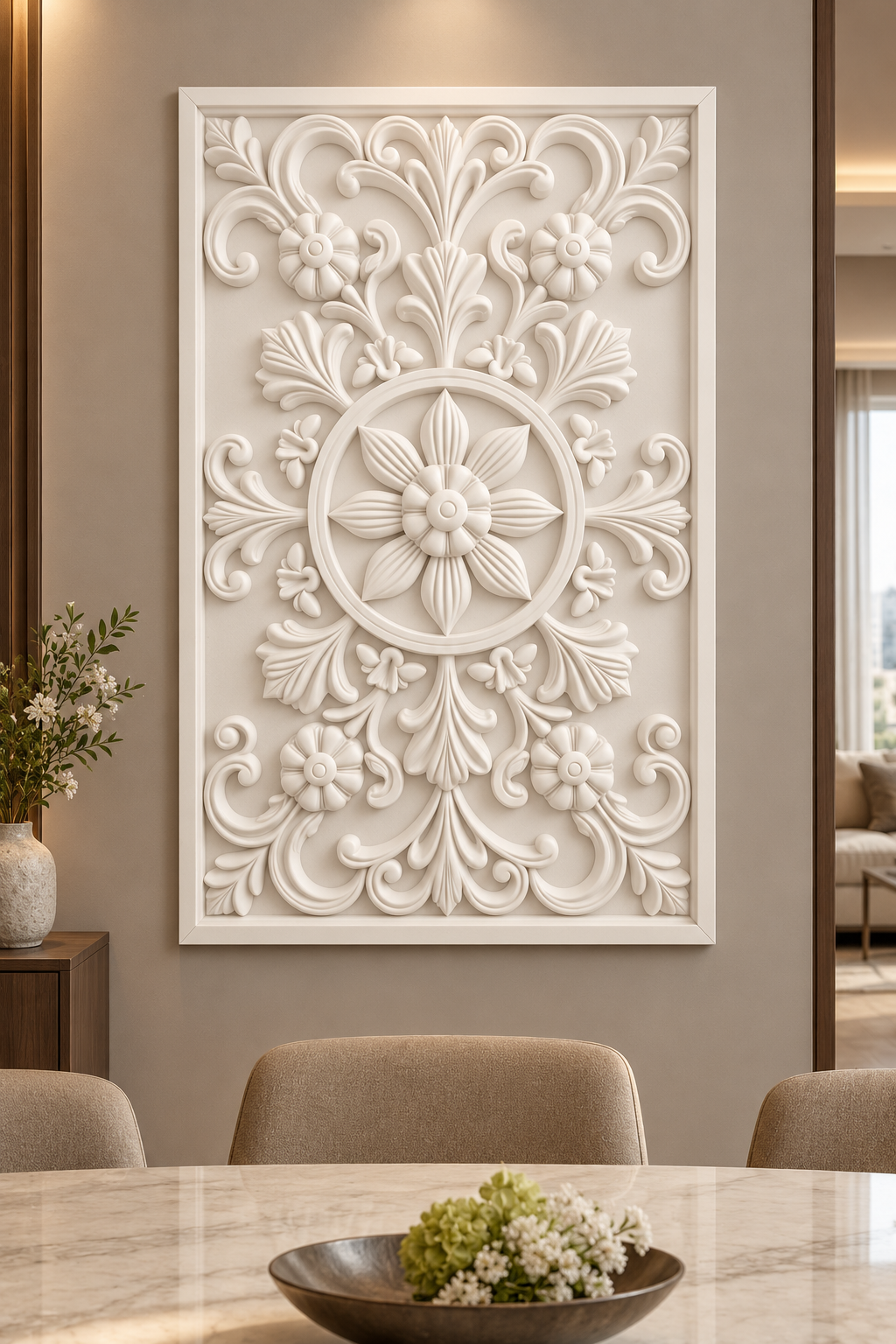 Four Blossom Star Medallion Corian wall panel, front view on a dining room display wall in a Mumbai home; AI-assisted concept visualisation