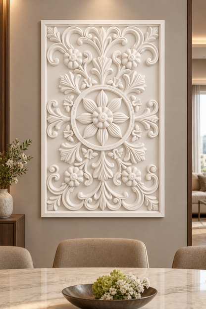 Four Blossom Star Medallion Corian wall panel, front view on a dining room display wall in a Mumbai home; AI-assisted concept visualisation