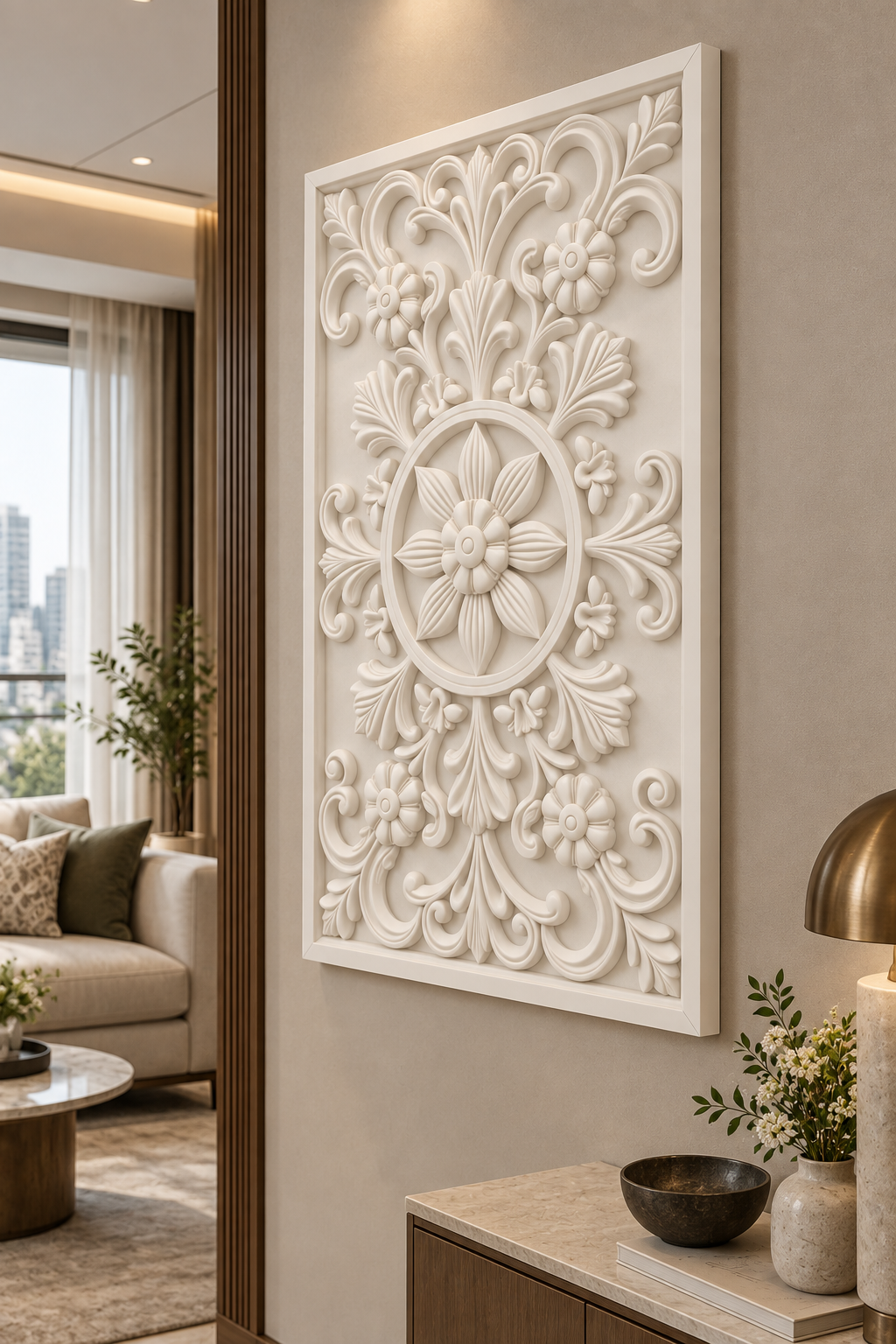 Four Blossom Star Medallion Corian wall panel, right view on a living room accent wall in a Mumbai home; AI-assisted concept visualisation