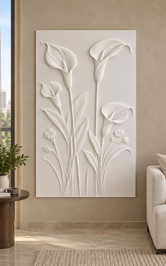 Four Calla Stems Corian wall panel, front view in a Bandra apartment living room