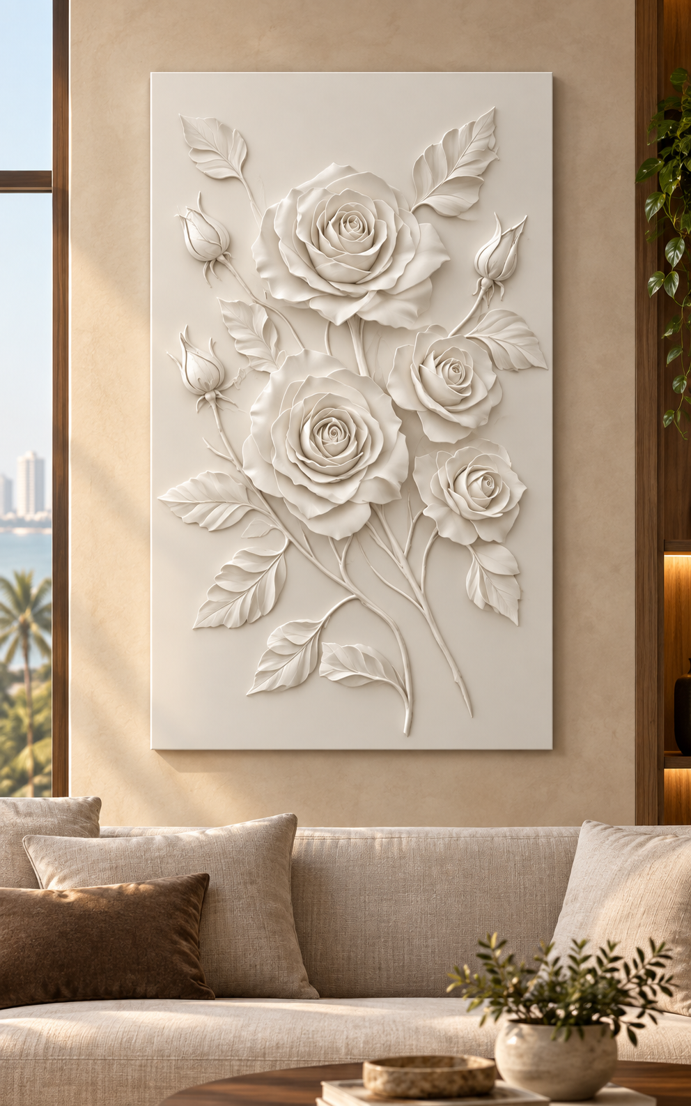 Four Rose Branch Cascade Corian wall panel, front view in a Bandra apartment living room, showing four roses in shallow satin white relief