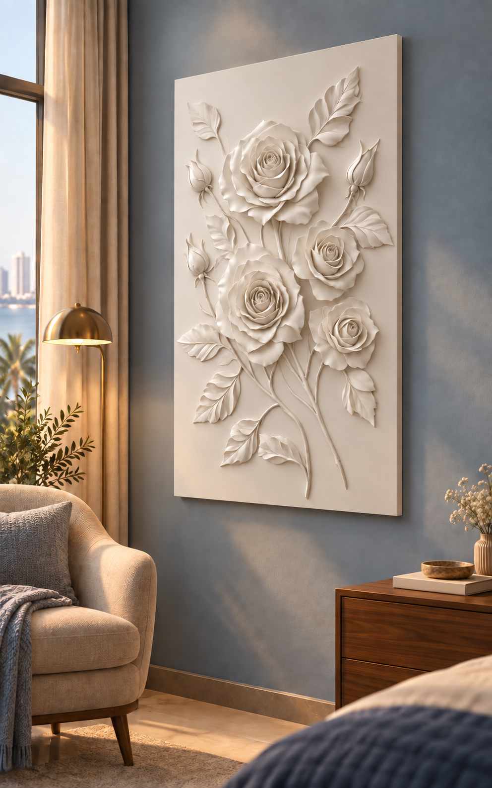 Four Rose Branch Cascade Corian wall panel, right view in a Juhu bedroom reading corner, showing four roses in shallow satin white relief