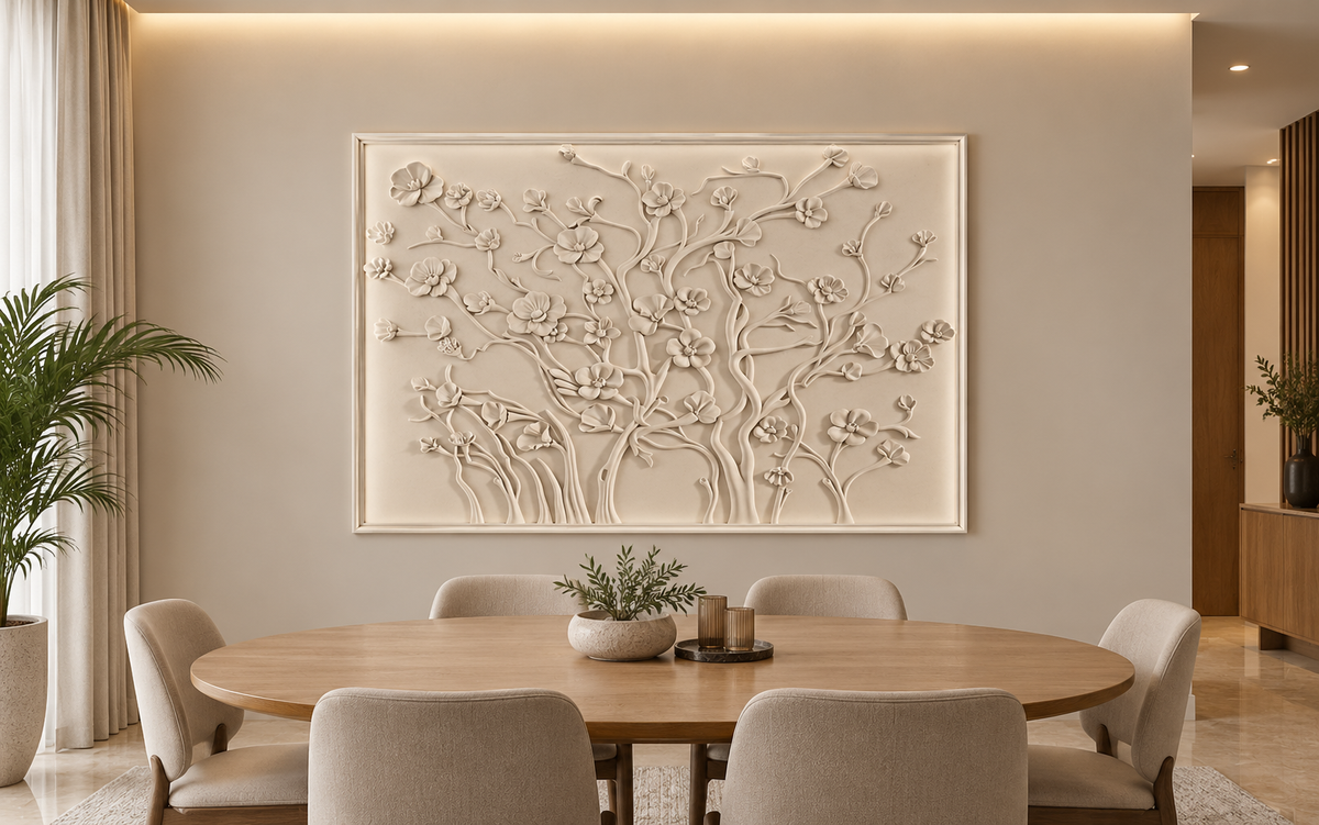 CWP-667 Framed Meadow Branches Corian Wall Panel, 4 ft wide x 2.5 ft high, front view in a Mumbai home dining room above a wood dining table; AI-assisted concept visualisation