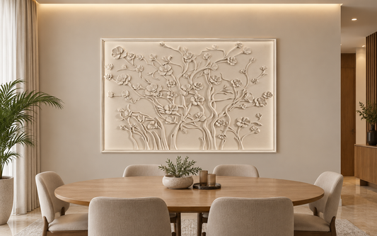 CWP-667 Framed Meadow Branches Corian Wall Panel, 4 ft wide x 2.5 ft high, front view in a Mumbai home dining room above a wood dining table; AI-assisted concept visualisation