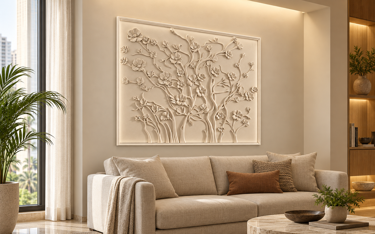 CWP-667 Framed Meadow Branches Corian Wall Panel, 4 ft wide x 2.5 ft high, left view in a Mumbai home living room above a cream sofa; AI-assisted concept visualisation