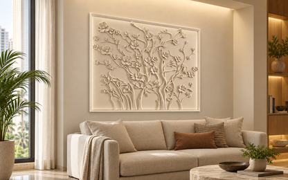 CWP-667 Framed Meadow Branches Corian Wall Panel, 4 ft wide x 2.5 ft high, left view in a Mumbai home living room above a cream sofa; AI-assisted concept visualisation