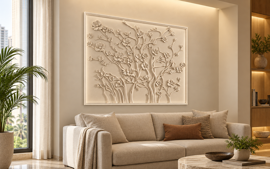 CWP-667 Framed Meadow Branches Corian Wall Panel, 4 ft wide x 2.5 ft high, left view in a Mumbai home living room above a cream sofa; AI-assisted concept visualisation
