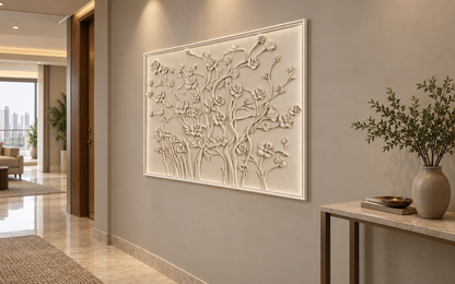 CWP-667 Framed Meadow Branches Corian Wall Panel, 4 ft wide x 2.5 ft high, right view in a Mumbai home foyer/gallery beside a stone console; AI-assisted concept visualisation