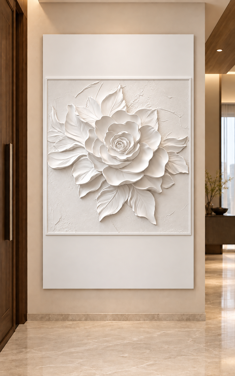 Framed Rose Leaf Fan Corian wall panel, front view in a Worli entrance foyer