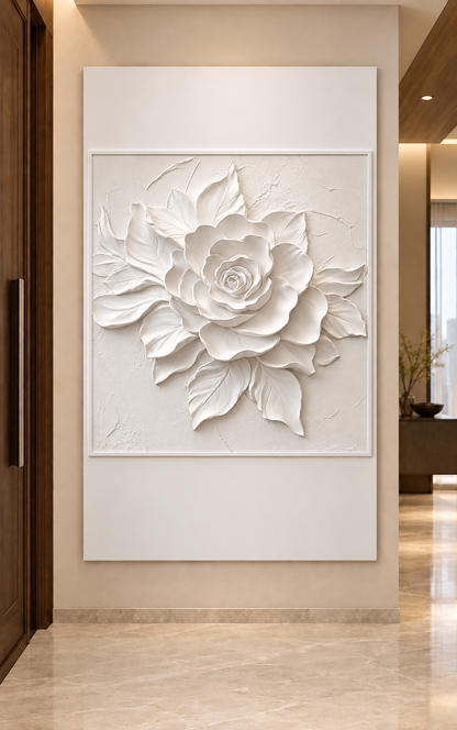 Framed Rose Leaf Fan Corian wall panel, front view in a Worli entrance foyer