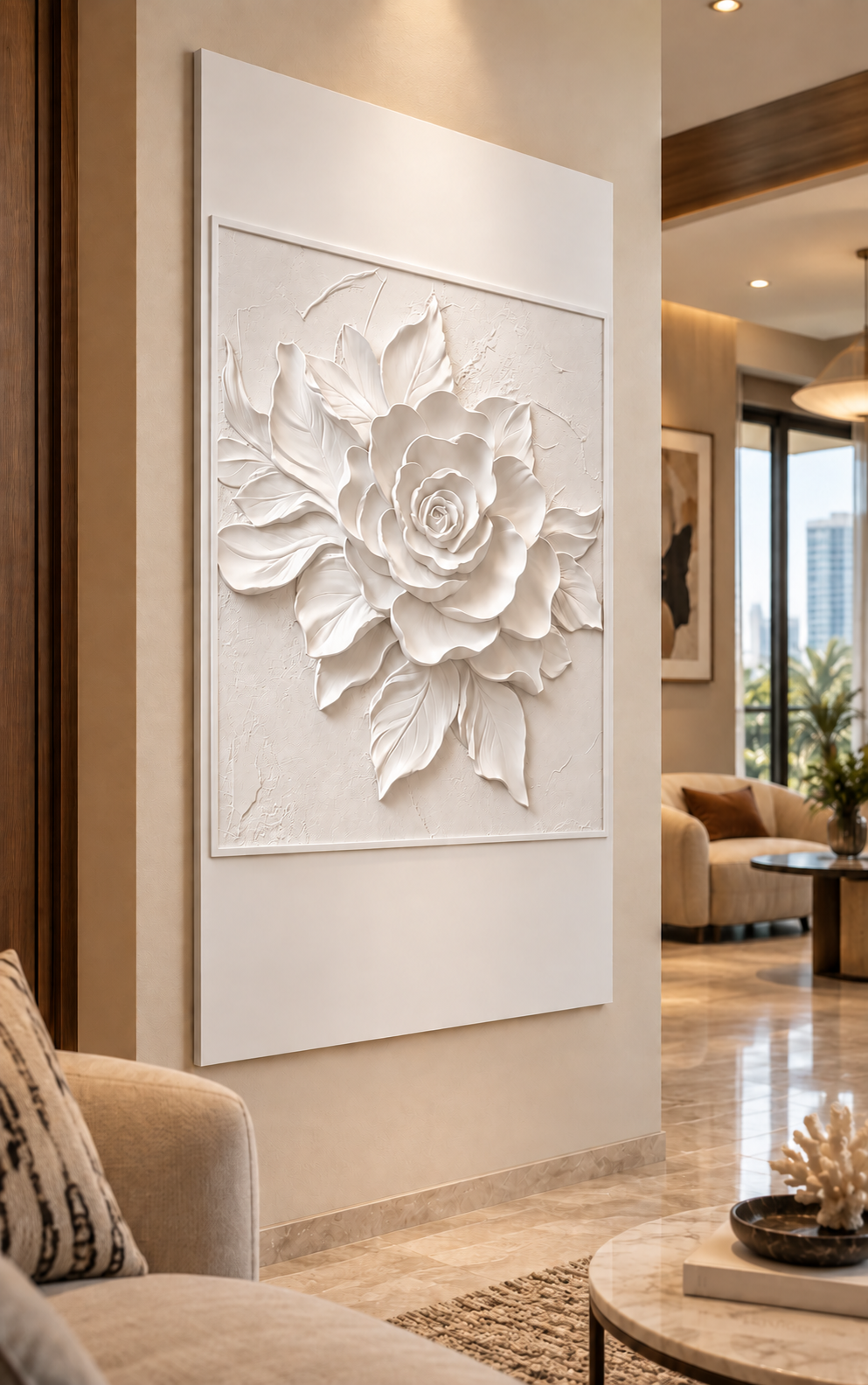 Framed Rose Leaf Fan Corian wall panel, left view in a Bandra living room