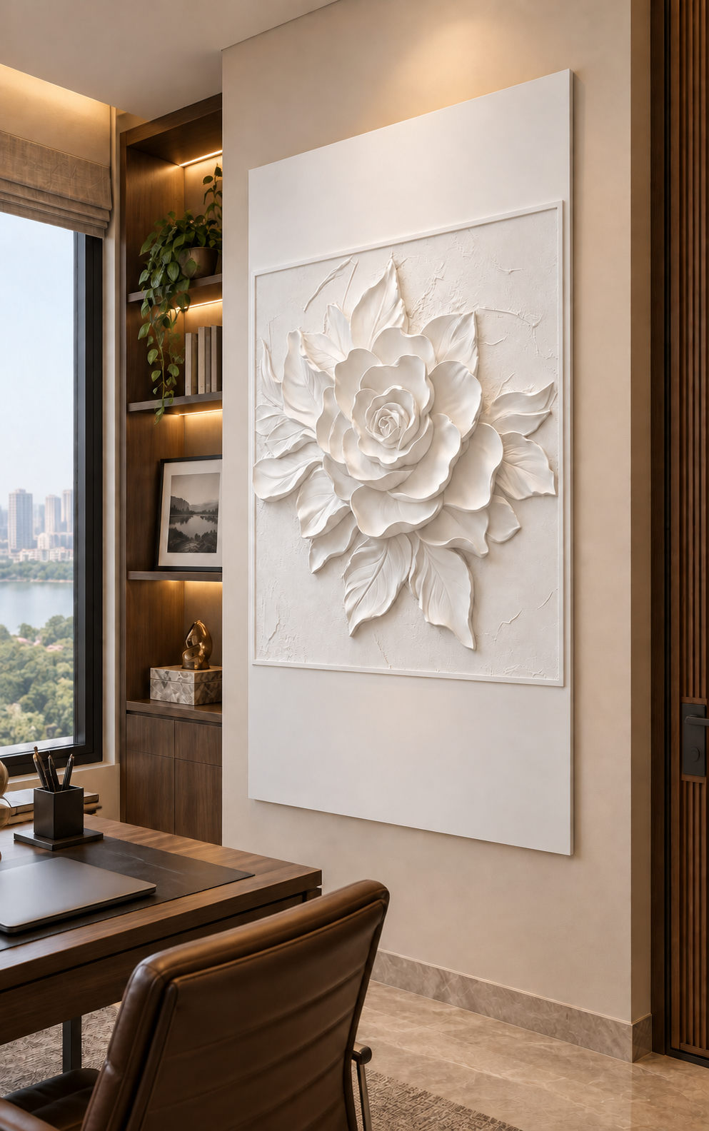Framed Rose Leaf Fan Corian wall panel, right view in a Powai home study