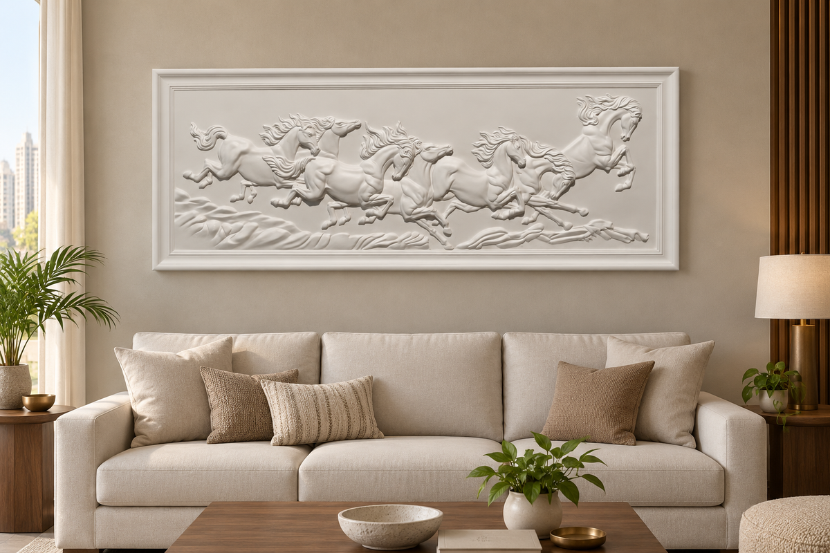 Framed Seven Horse Gallop Corian Wall Panel, front view in a Mumbai living room, 5 ft wide x 2 ft high; AI-assisted concept visualisation