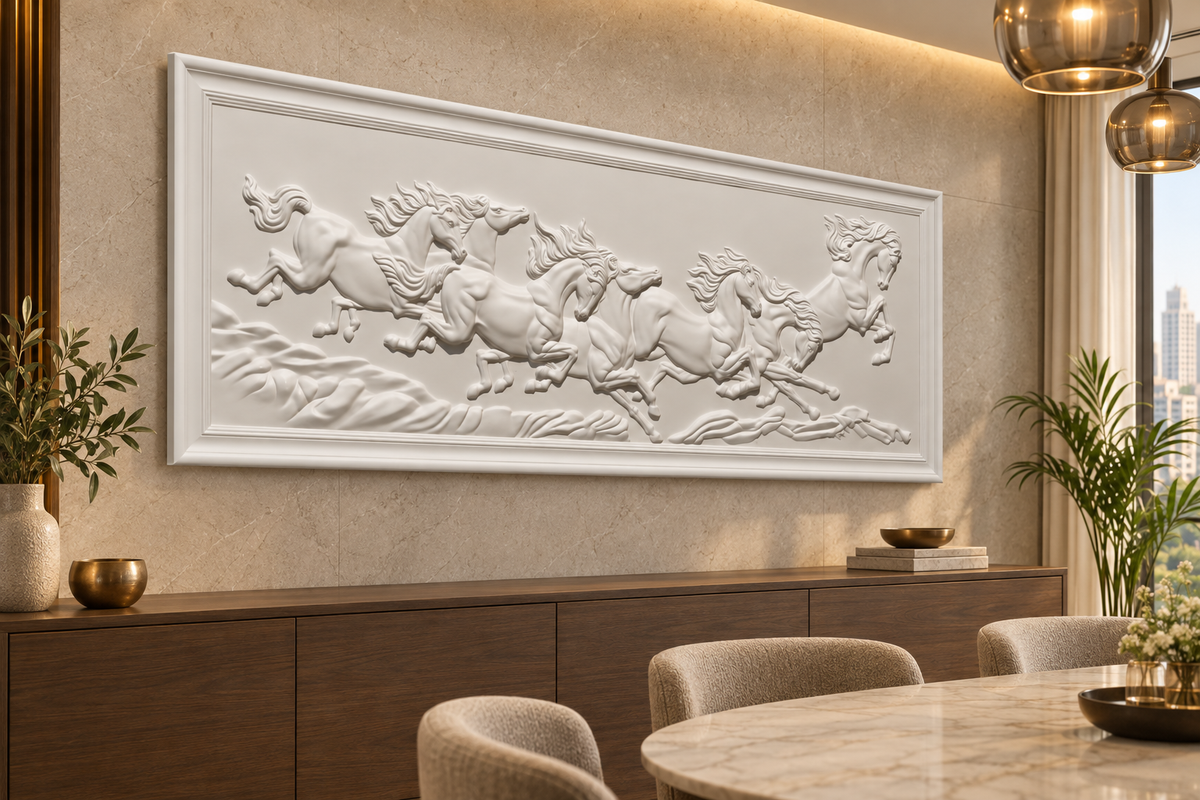Framed Seven Horse Gallop Corian Wall Panel, left view in a Mumbai dining area, 5 ft wide x 2 ft high; AI-assisted concept visualisation