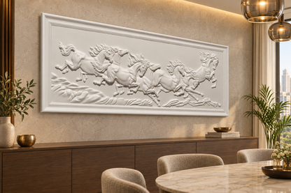 Framed Seven Horse Gallop Corian Wall Panel, left view in a Mumbai dining area, 5 ft wide x 2 ft high; AI-assisted concept visualisation