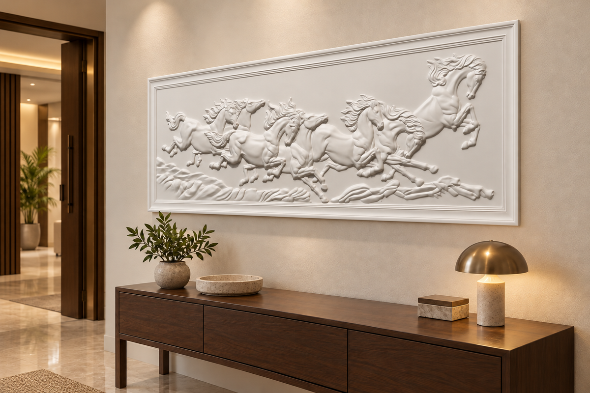 Framed Seven Horse Gallop Corian Wall Panel, right view in a Mumbai entrance foyer, 5 ft wide x 2 ft high; AI-assisted concept visualisation