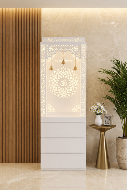 Fully white 6ft Corian mandir with illuminated Om panel and three handleless storage drawers