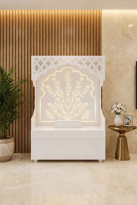 Fully white Corian mandir with illuminated botanical panel, scalloped arch and handleless storage
