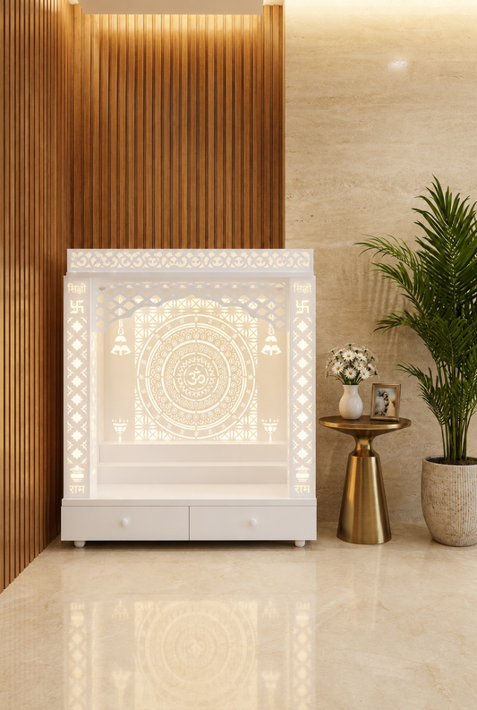 Fully white Corian flat-pack mandir with circular Om jhaali, altar steps and twin storage fronts