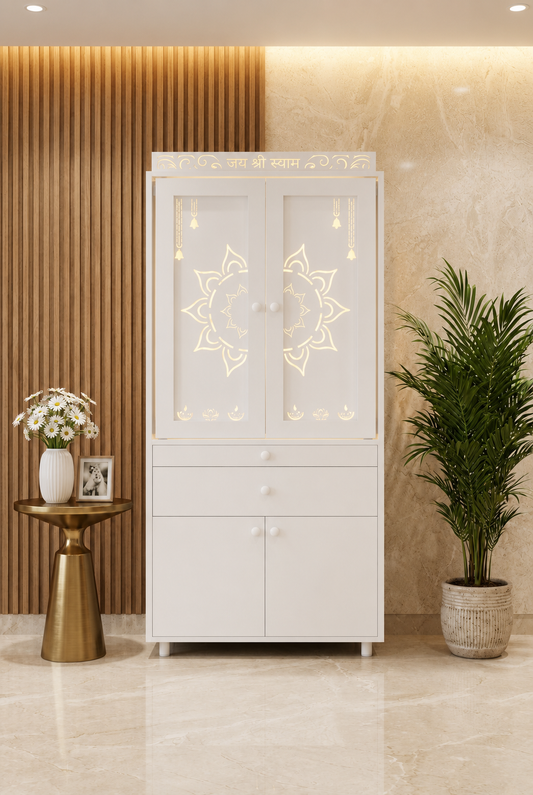 Fully white Corian mandir with closed lotus pocket doors, two drawers and lower storage