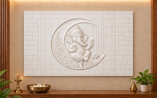 Ganesha Crescent Garden Corian wall panel, front view in a Mulund pooja alcove, horizontal 4 ft by 2.5 ft with no added plain border strips