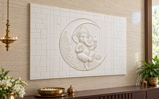 Ganesha Crescent Garden Corian wall panel, left view in a Juhu prayer room, horizontal 4 ft by 2.5 ft with no added plain border strips