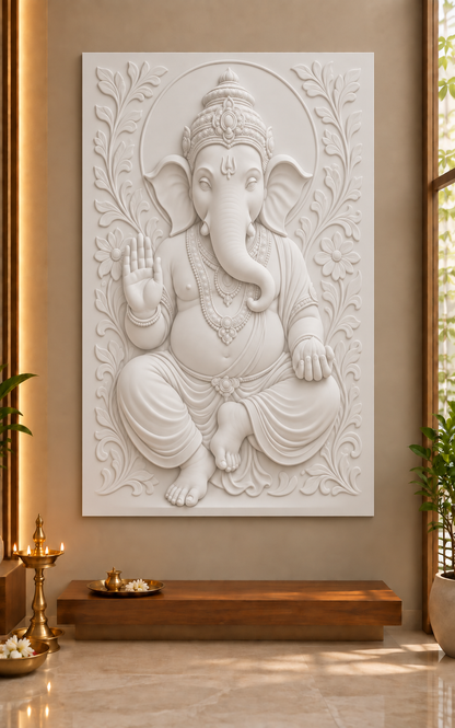 Ganesha Floral Benediction Corian wall panel, front view in a Mumbai home pooja room; AI-assisted concept visualisation