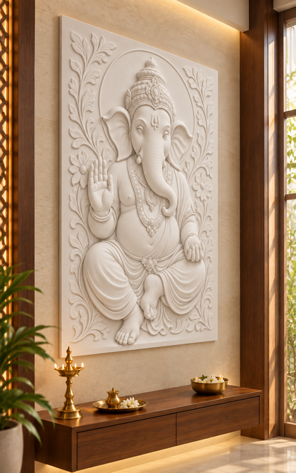 Ganesha Floral Benediction Corian wall panel, left view in a Mumbai dedicated devotional alcove; AI-assisted concept visualisation