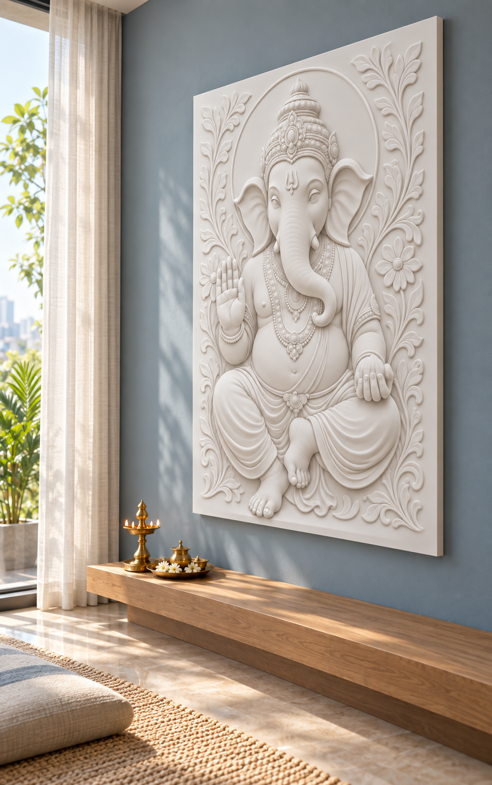 Ganesha Floral Benediction Corian wall panel, right view in a Mumbai prayer and reflection room; AI-assisted concept visualisation