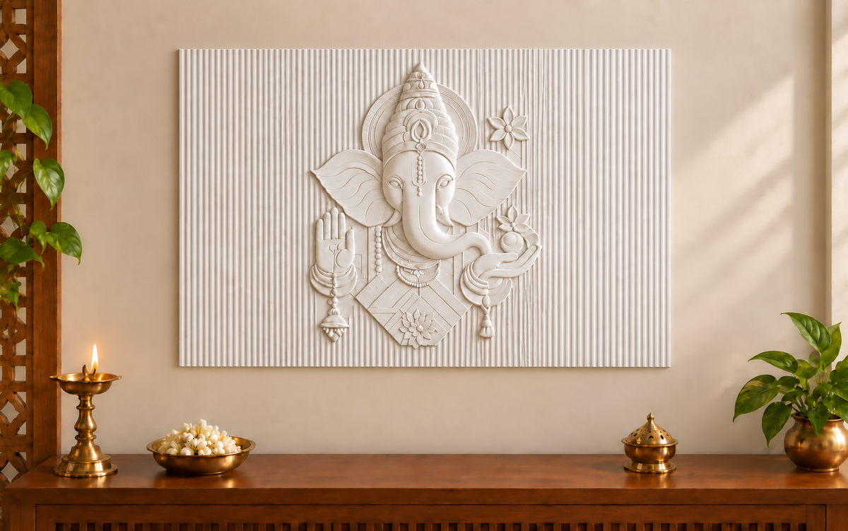Ganesha Linear Blessing Corian wall panel, front view in a Ghatkopar apartment pooja room, horizontal 4 ft by 2.5 ft with no added plain border strips