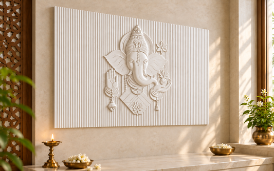 Ganesha Linear Blessing Corian wall panel, left view in a Juhu family mandir, horizontal 4 ft by 2.5 ft with no added plain border strips
