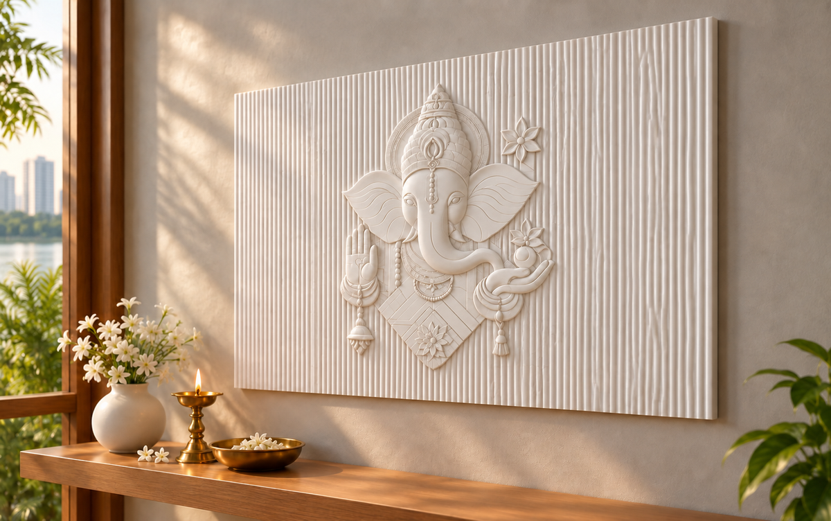Ganesha Linear Blessing Corian wall panel, right view in a Powai prayer alcove, horizontal 4 ft by 2.5 ft with no added plain border strips