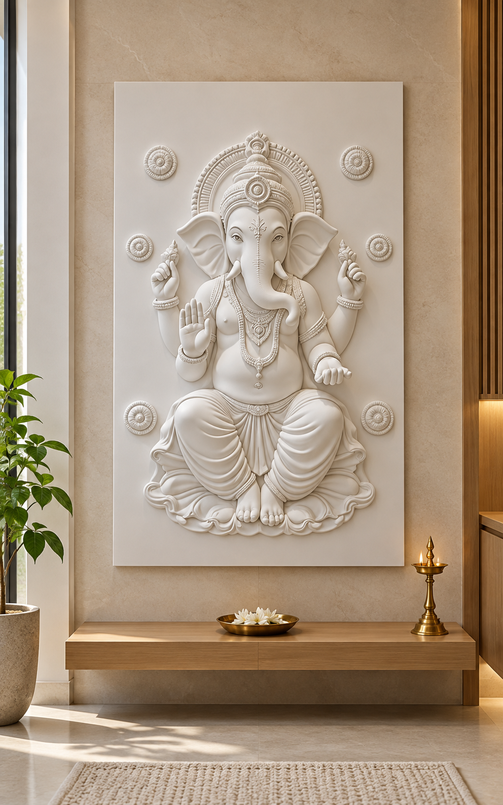 Ganesha Rosette Halo Corian wall panel, front view in a Powai apartment pooja room