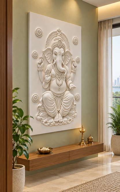 Ganesha Rosette Halo Corian wall panel, left view in a Malabar Hill apartment meditation alcove