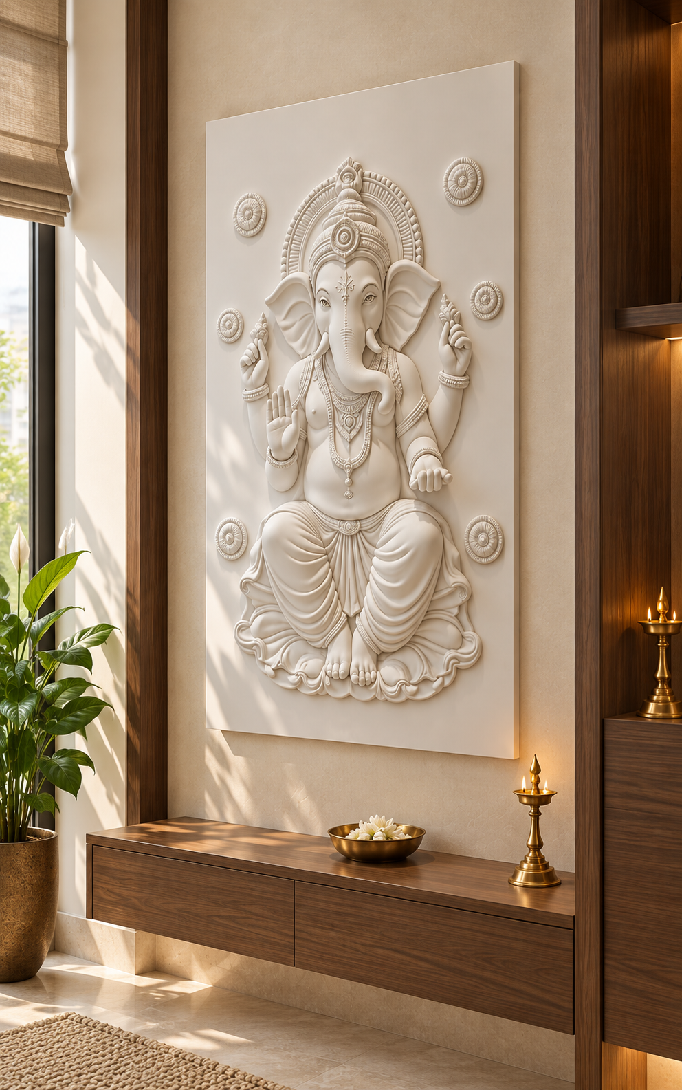 Ganesha Rosette Halo Corian wall panel, right view in a Dadar apartment pooja niche