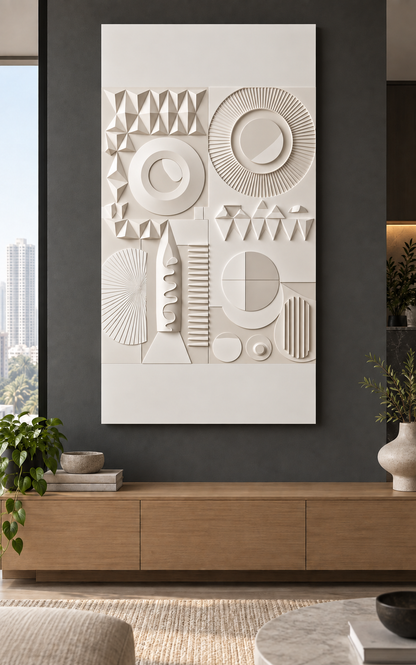 Geometric Orbit Mosaic Corian wall panel front view in charcoal-accented Mumbai living room with a low oak console