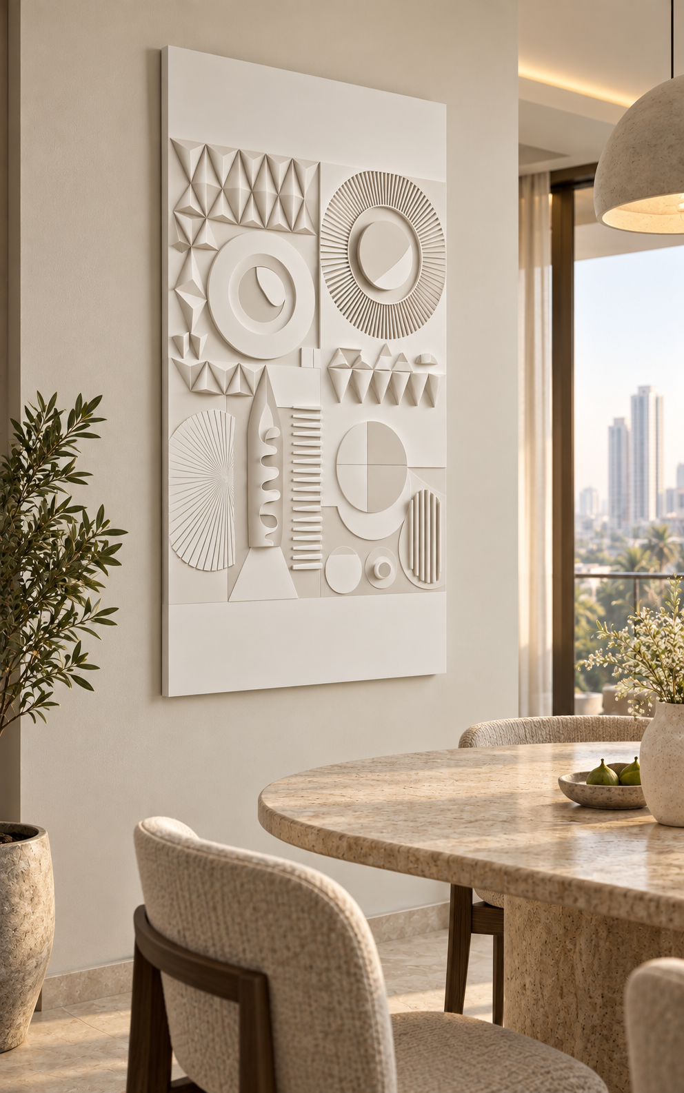Geometric Orbit Mosaic Corian wall panel left view in warm ivory Mumbai dining room with a rounded travertine table
