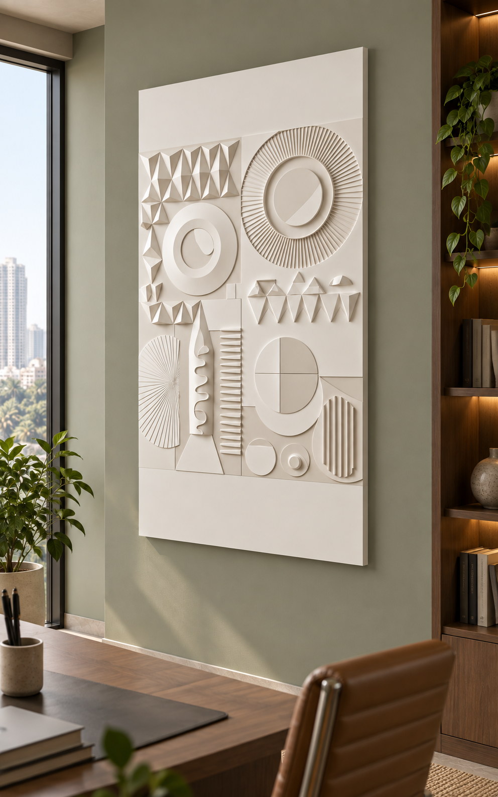 Geometric Orbit Mosaic Corian wall panel right view in muted sage Mumbai home study with walnut shelving