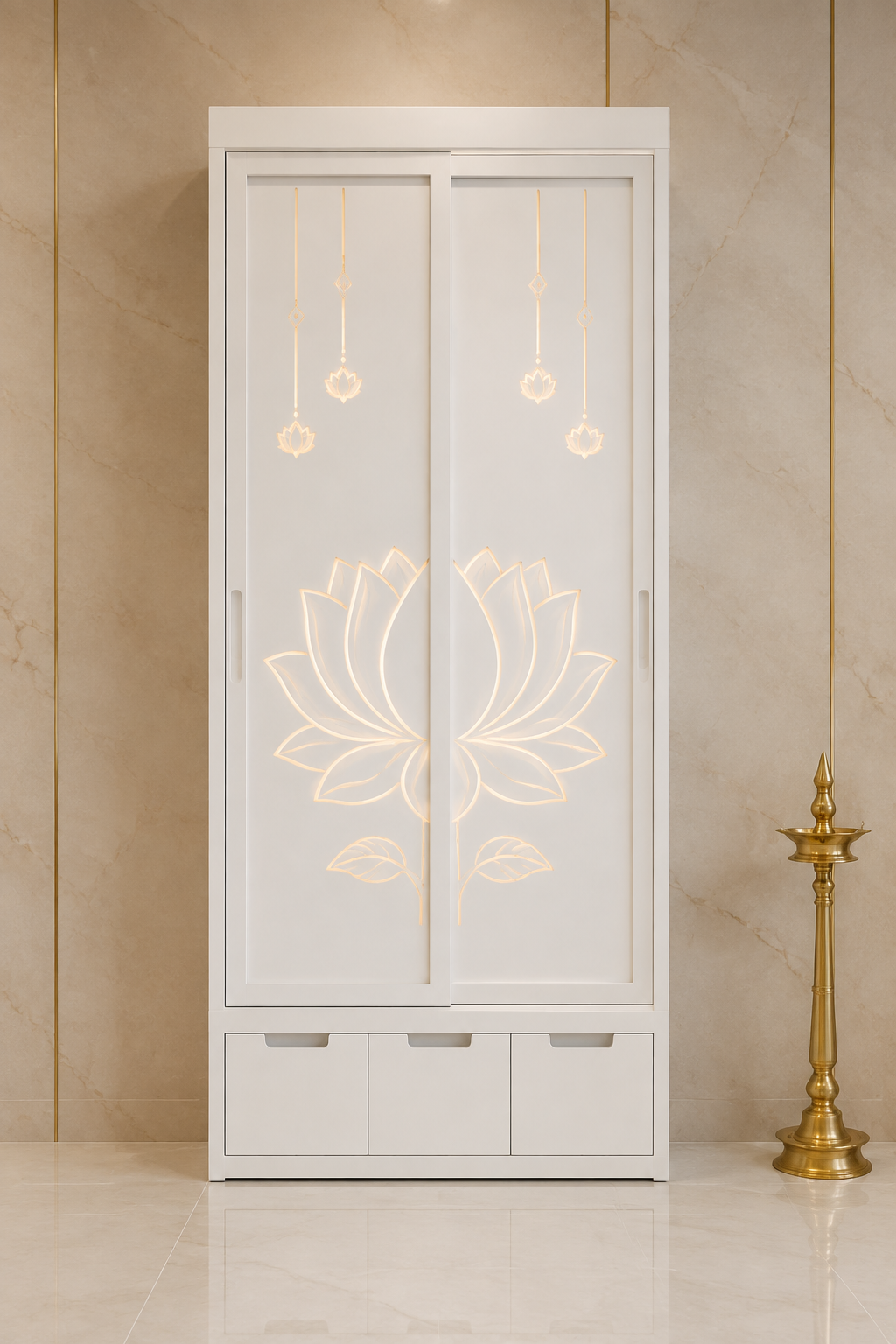 Glacier White Corian compact apartment mandir with illuminated lotus pocket doors and lower storage