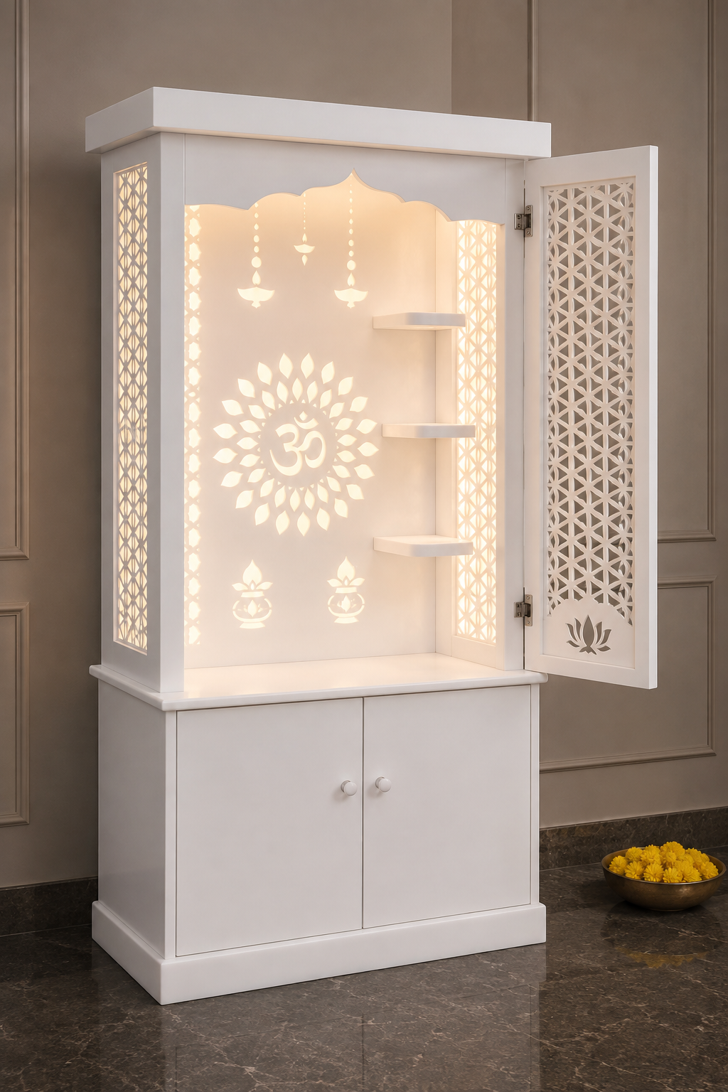 Glacier White Corian mandir with open jali door, illuminated Om panel, floating shelves and storage
